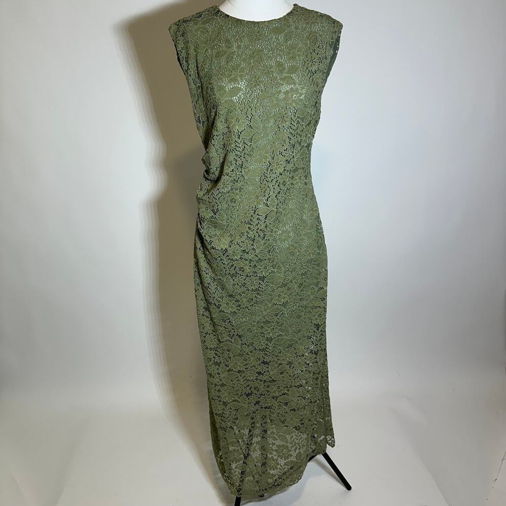 NWT Zara Olive Green Lace Sleeveless Ruched Midi Dress Formal Womens Size Large